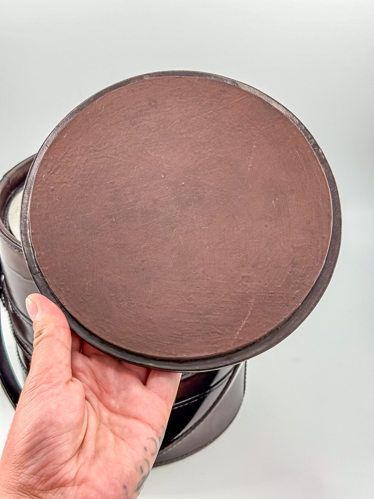 Vintage Brown Faux Leather Ice Bucket with Stainless Steel Liner Gold Buckle Mid Century Barware