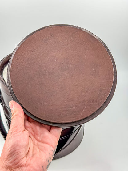 Vintage Brown Faux Leather Ice Bucket with Stainless Steel Liner Gold Buckle Mid Century Barware