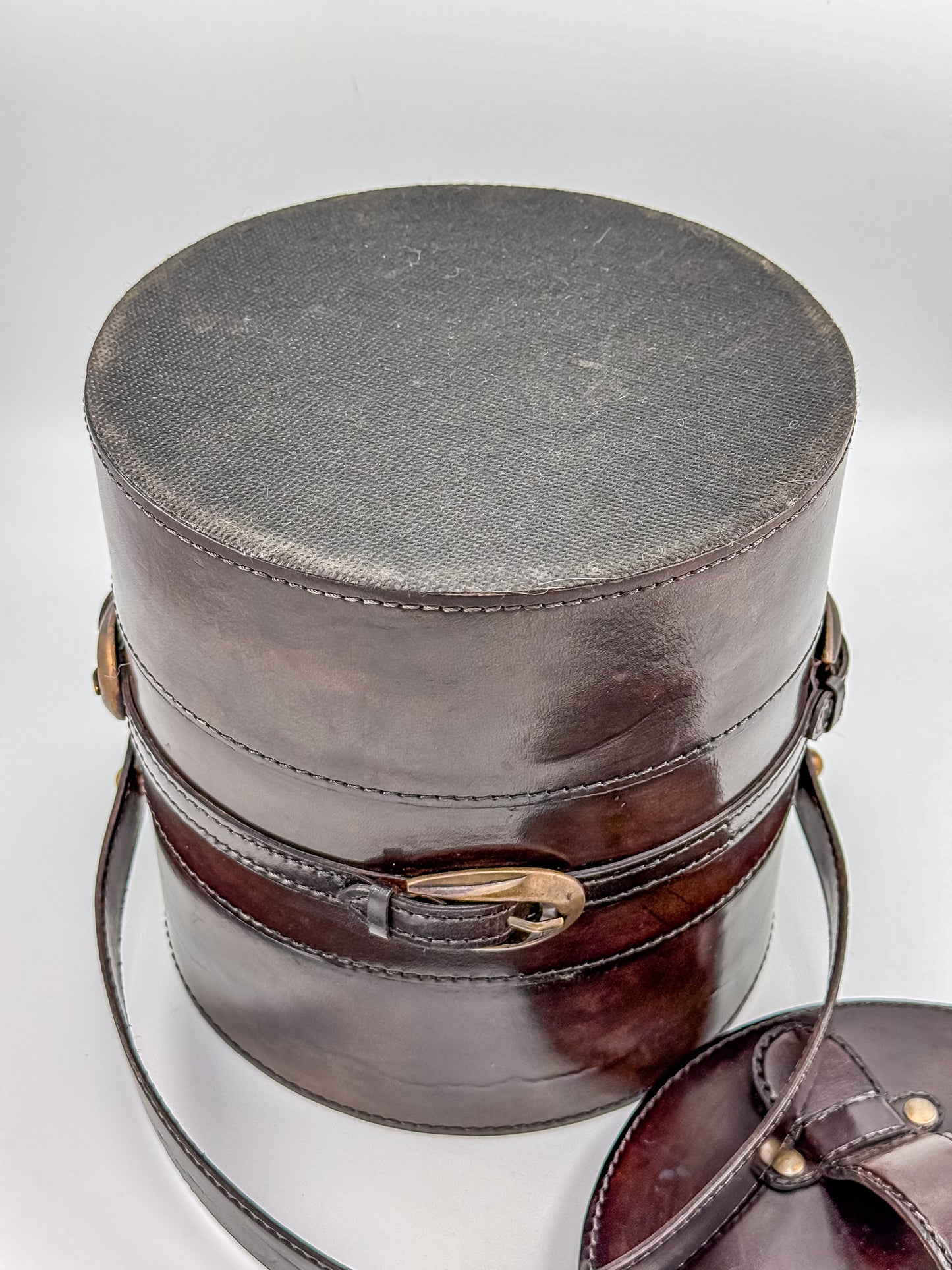 Vintage Brown Faux Leather Ice Bucket with Stainless Steel Liner Gold Buckle Mid Century Barware