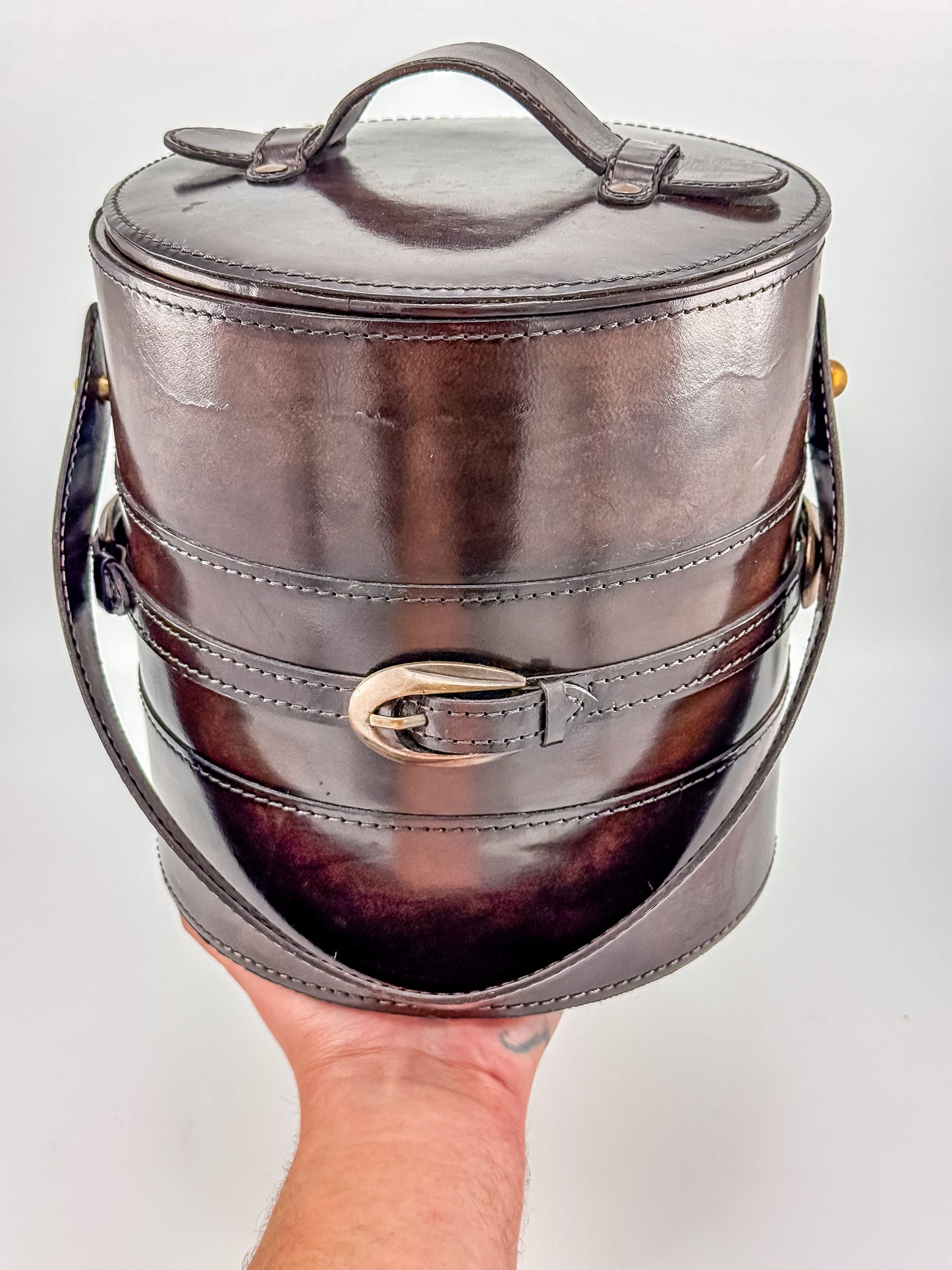 Vintage Brown Faux Leather Ice Bucket with Stainless Steel Liner Gold Buckle Mid Century Barware