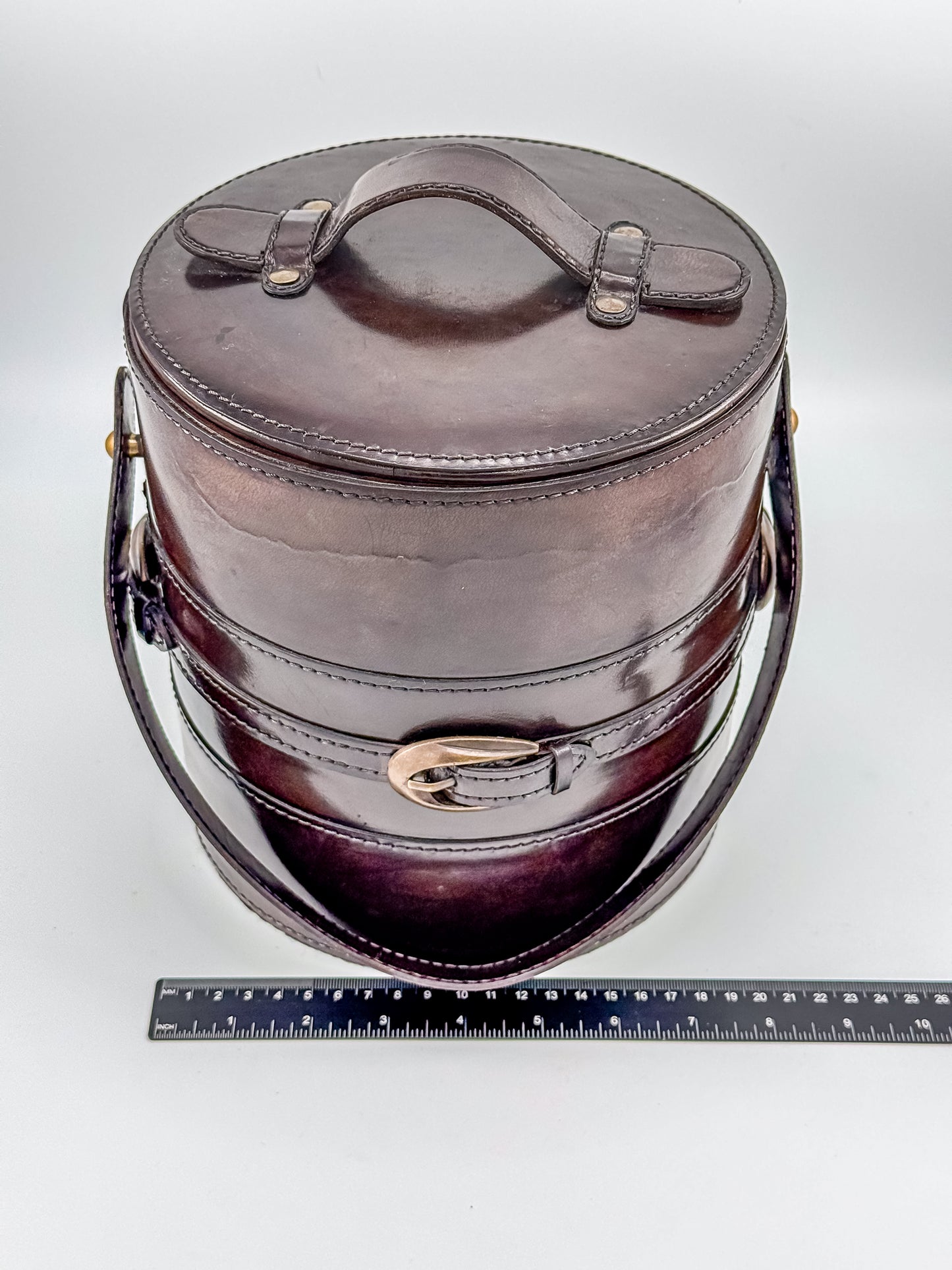 Vintage Brown Faux Leather Ice Bucket with Stainless Steel Liner Gold Buckle Mid Century Barware