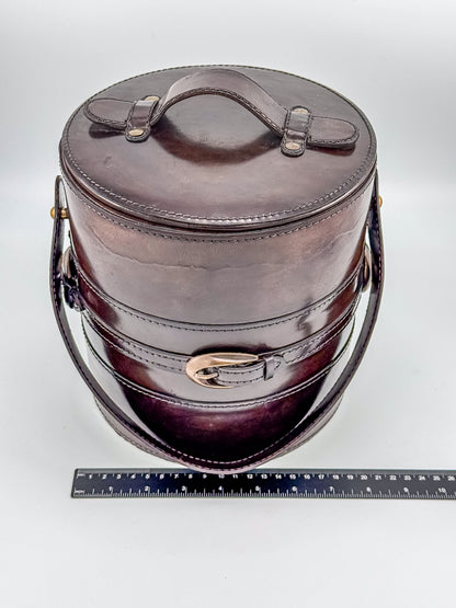Vintage Brown Faux Leather Ice Bucket with Stainless Steel Liner Gold Buckle Mid Century Barware