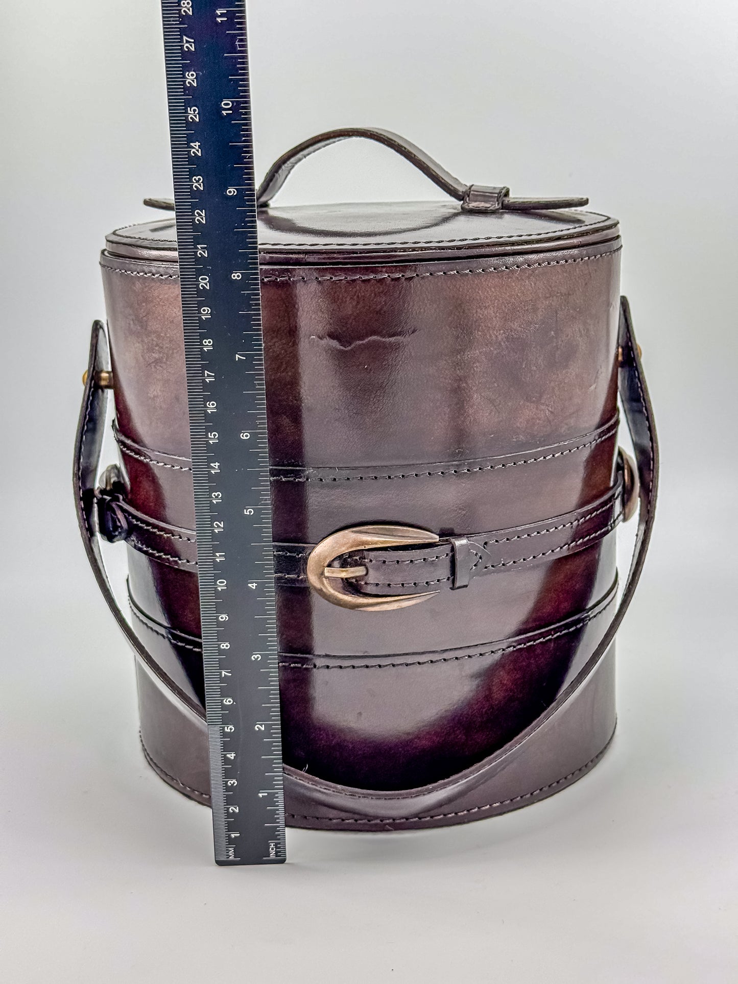 Vintage Brown Faux Leather Ice Bucket with Stainless Steel Liner Gold Buckle Mid Century Barware
