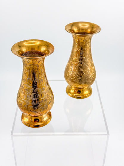 Vintage Hand-Engraved Brass Bud Vases with Floral Motif, Sold as a Pair
