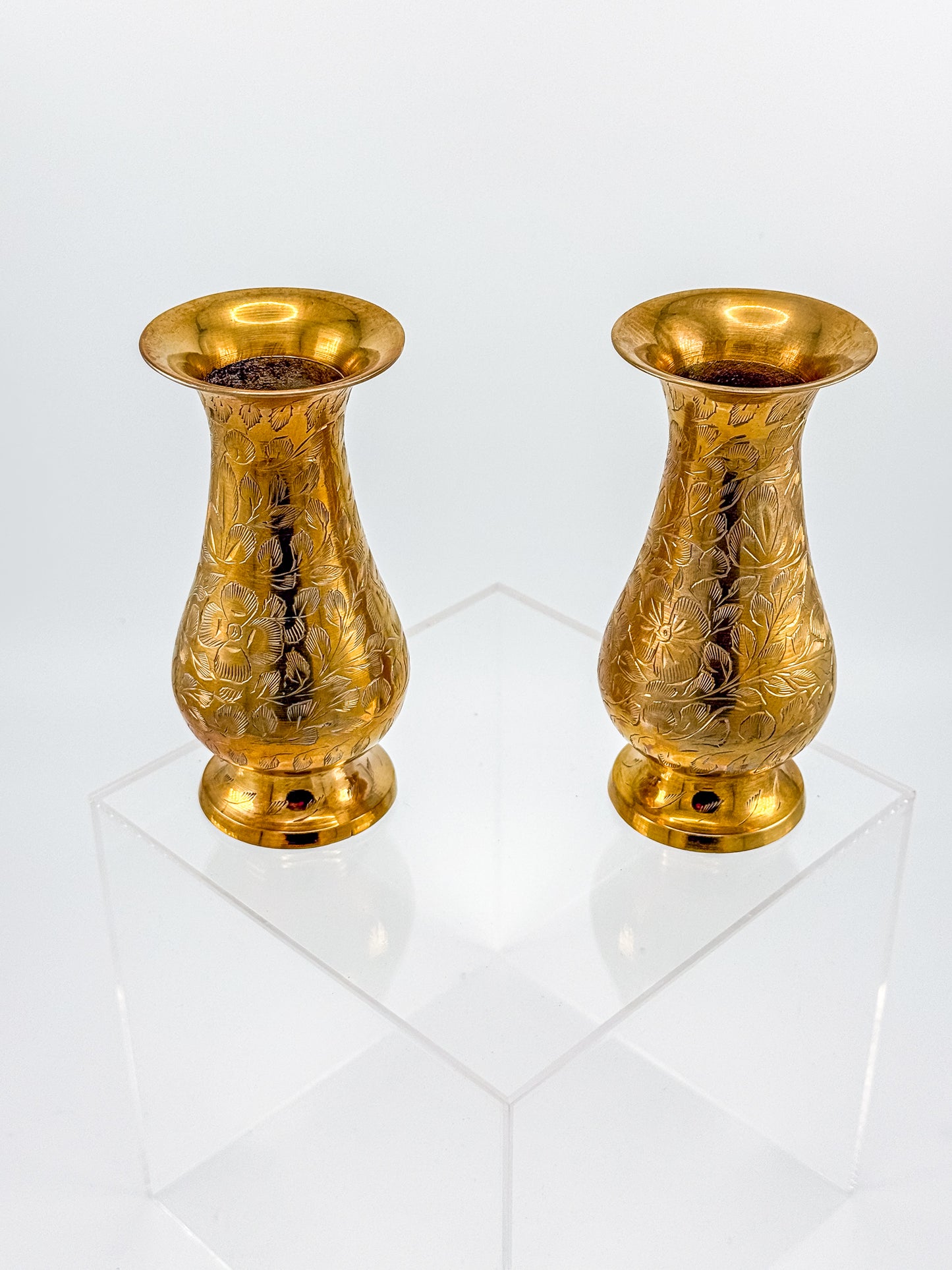 Vintage Hand-Engraved Brass Bud Vases with Floral Motif, Sold as a Pair