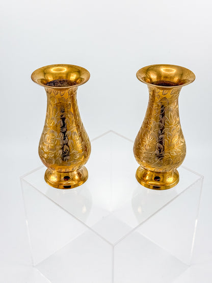Vintage Hand-Engraved Brass Bud Vases with Floral Motif, Sold as a Pair