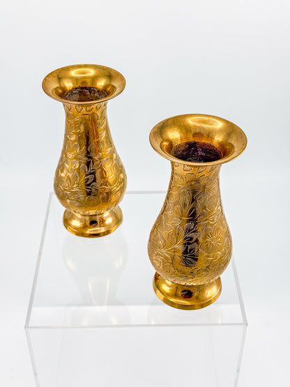 Vintage Hand-Engraved Brass Bud Vases with Floral Motif, Sold as a Pair