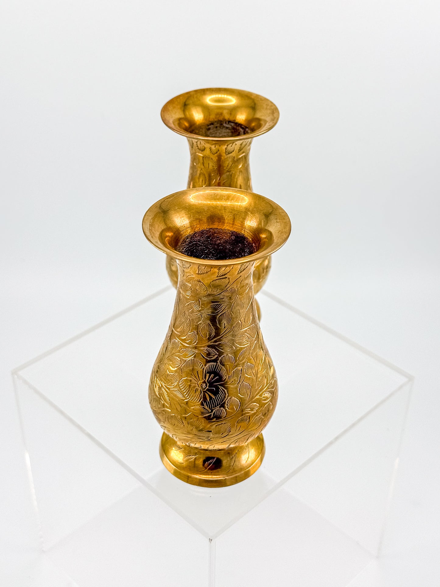 Vintage Hand-Engraved Brass Bud Vases with Floral Motif, Sold as a Pair