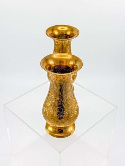 Vintage Hand-Engraved Brass Bud Vases with Floral Motif, Sold as a Pair