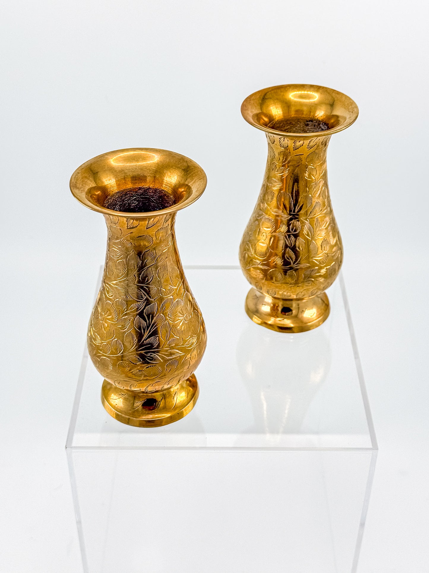 Vintage Hand-Engraved Brass Bud Vases with Floral Motif, Sold as a Pair