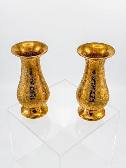 Vintage Hand-Engraved Brass Bud Vases with Floral Motif, Sold as a Pair