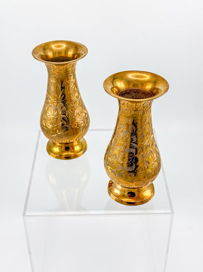 Vintage Hand-Engraved Brass Bud Vases with Floral Motif, Sold as a Pair
