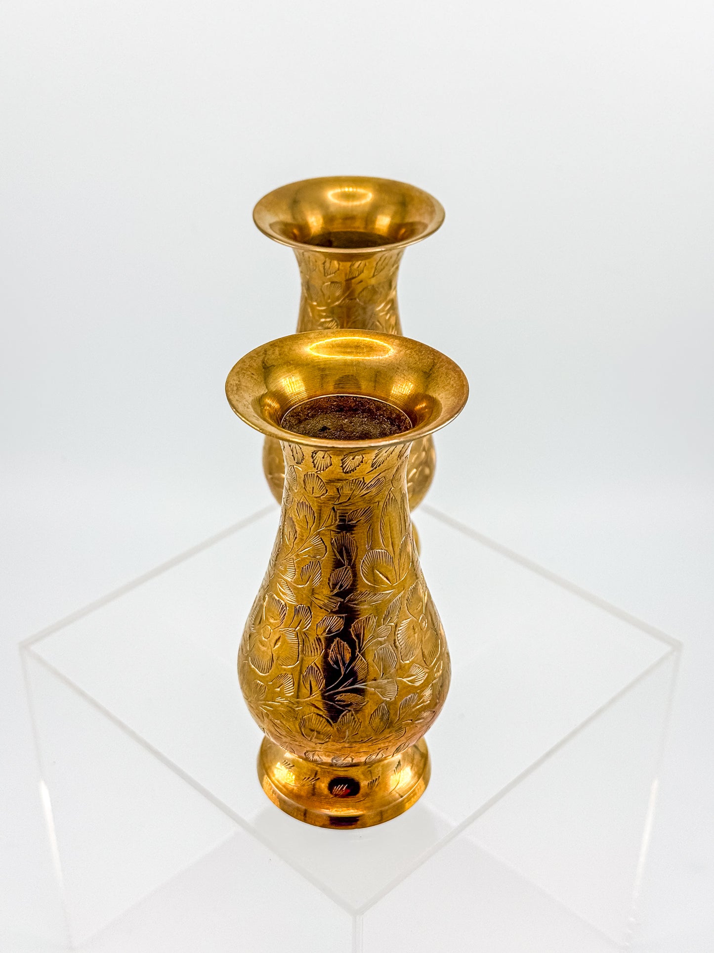Vintage Hand-Engraved Brass Bud Vases with Floral Motif, Sold as a Pair
