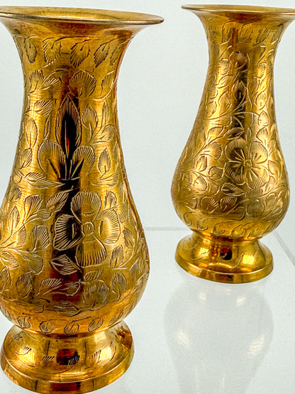 Vintage Hand-Engraved Brass Bud Vases with Floral Motif, Sold as a Pair