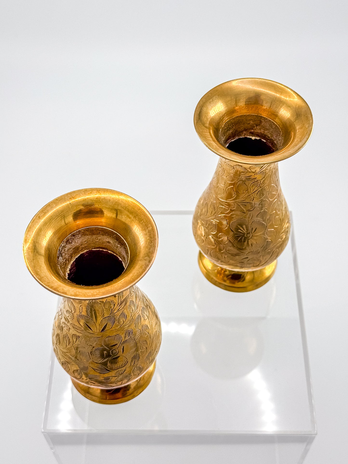Vintage Hand-Engraved Brass Bud Vases with Floral Motif, Sold as a Pair