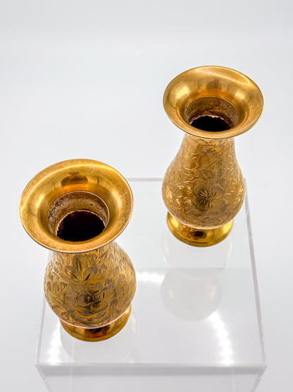 Vintage Hand-Engraved Brass Bud Vases with Floral Motif, Sold as a Pair