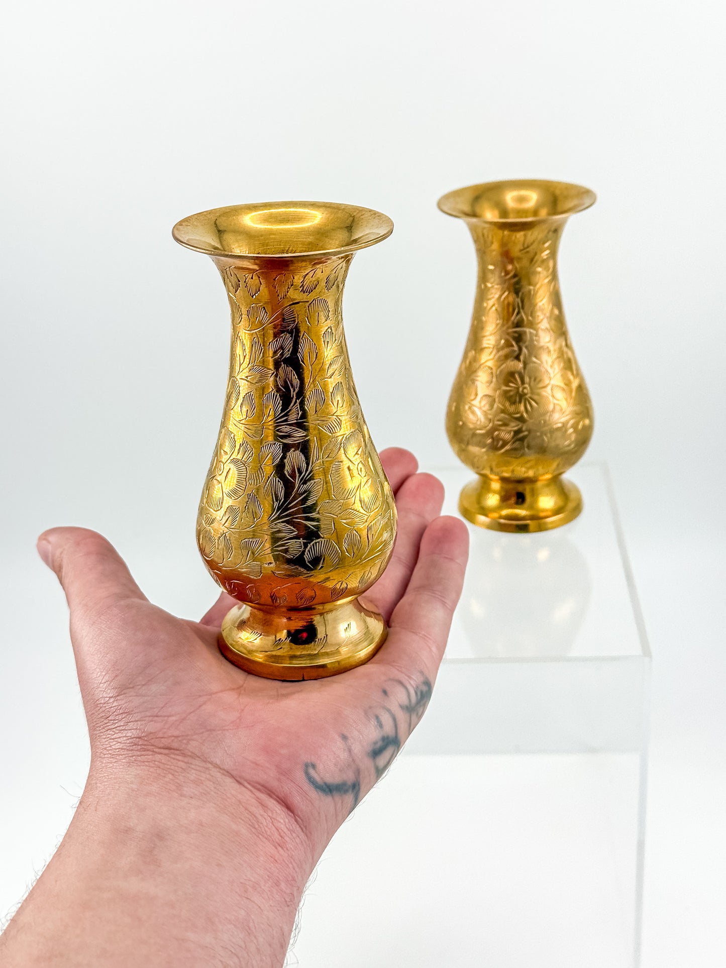 Vintage Hand-Engraved Brass Bud Vases with Floral Motif, Sold as a Pair