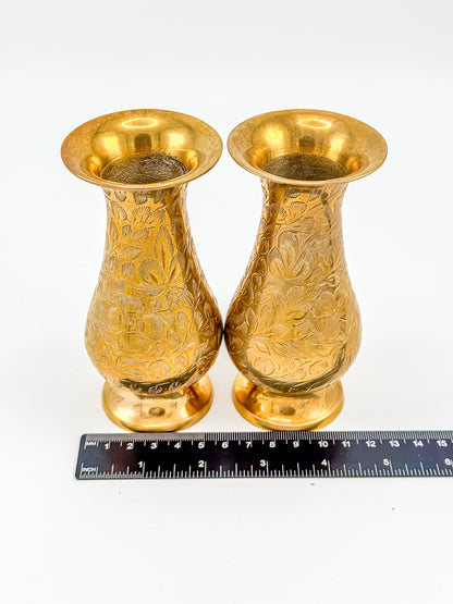 Vintage Hand-Engraved Brass Bud Vases with Floral Motif, Sold as a Pair