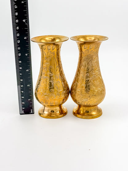 Vintage Hand-Engraved Brass Bud Vases with Floral Motif, Sold as a Pair