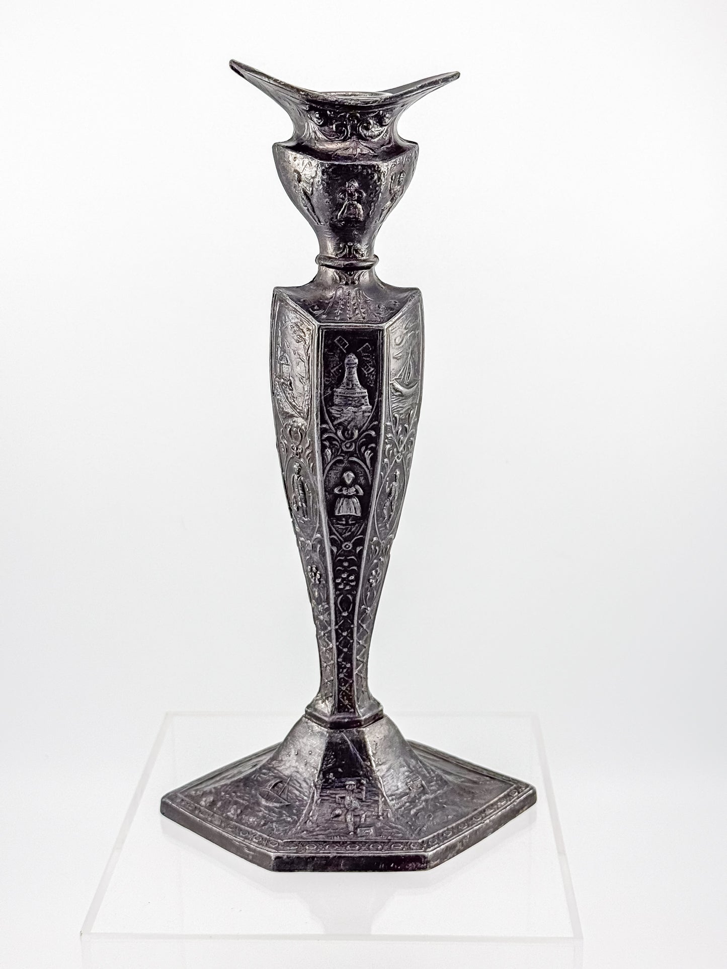Antique Dutch Storyteller Candlestick with Figural Relief Panels and Fine Dutch Finish, Early 1900s