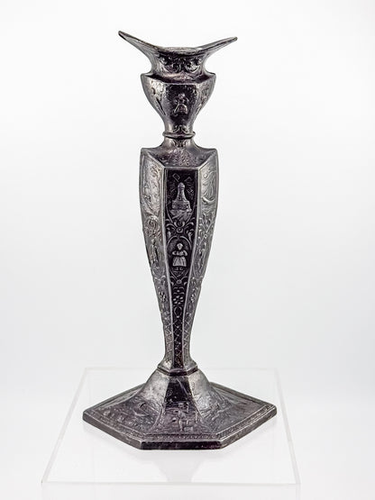 Antique Dutch Storyteller Candlestick with Figural Relief Panels and Fine Dutch Finish, Early 1900s