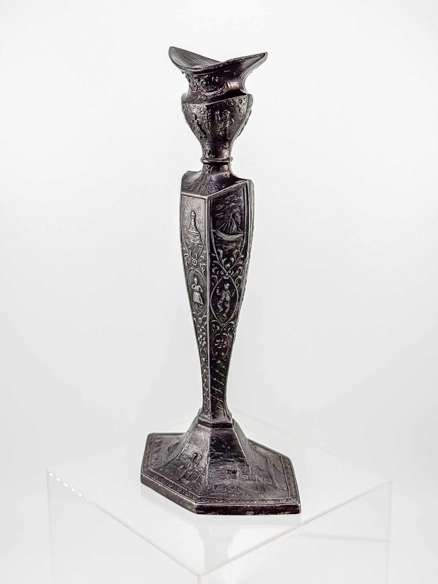 Antique Dutch Storyteller Candlestick with Figural Relief Panels and Fine Dutch Finish, Early 1900s