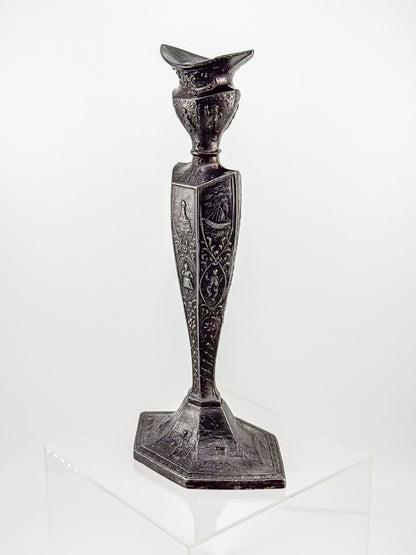 Antique Dutch Storyteller Candlestick with Figural Relief Panels and Fine Dutch Finish, Early 1900s