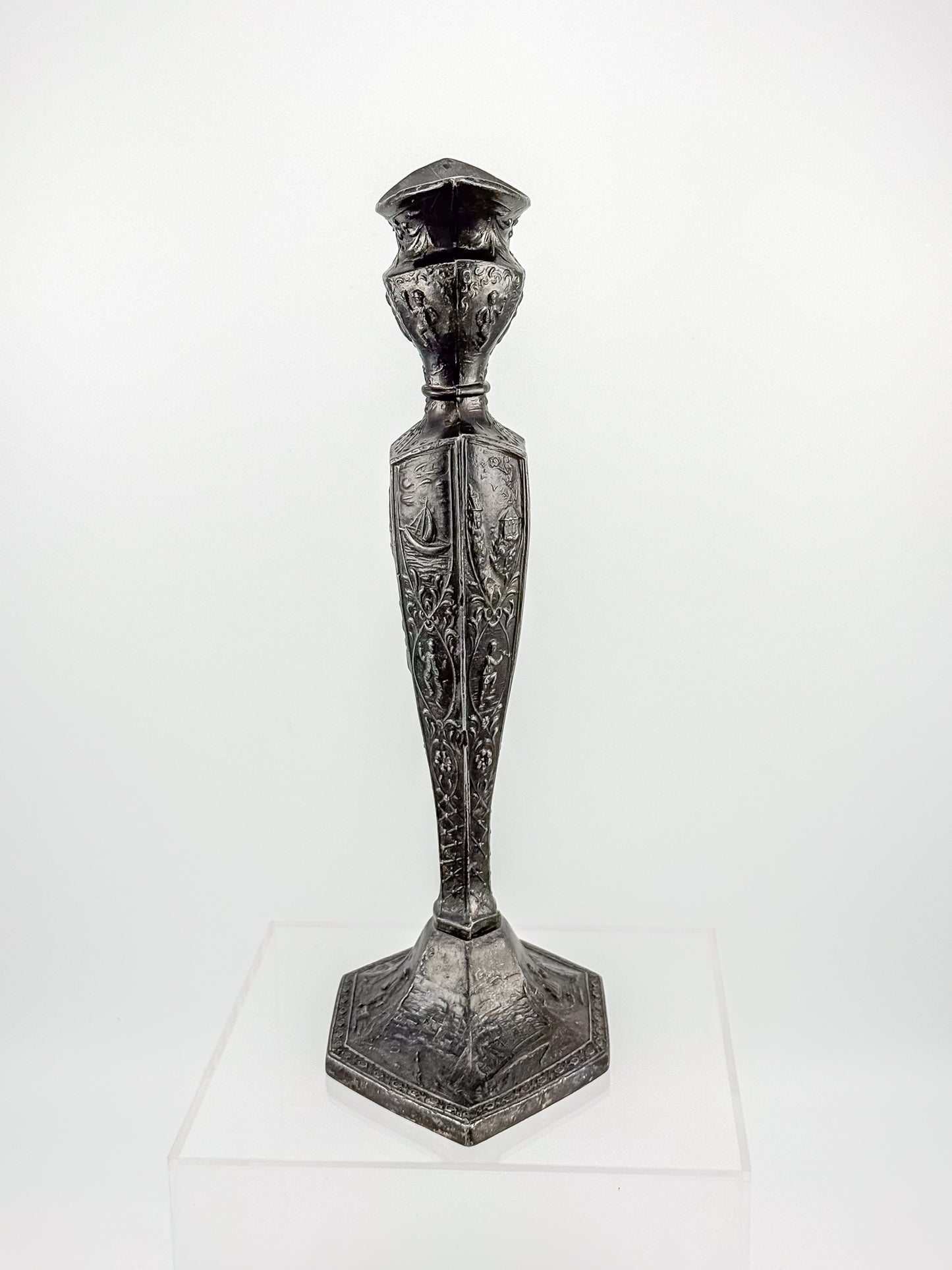 Antique Dutch Storyteller Candlestick with Figural Relief Panels and Fine Dutch Finish, Early 1900s
