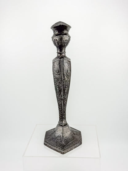 Antique Dutch Storyteller Candlestick with Figural Relief Panels and Fine Dutch Finish, Early 1900s