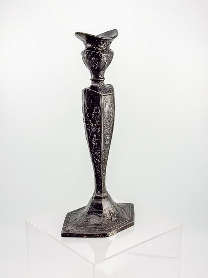 Antique Dutch Storyteller Candlestick with Figural Relief Panels and Fine Dutch Finish, Early 1900s