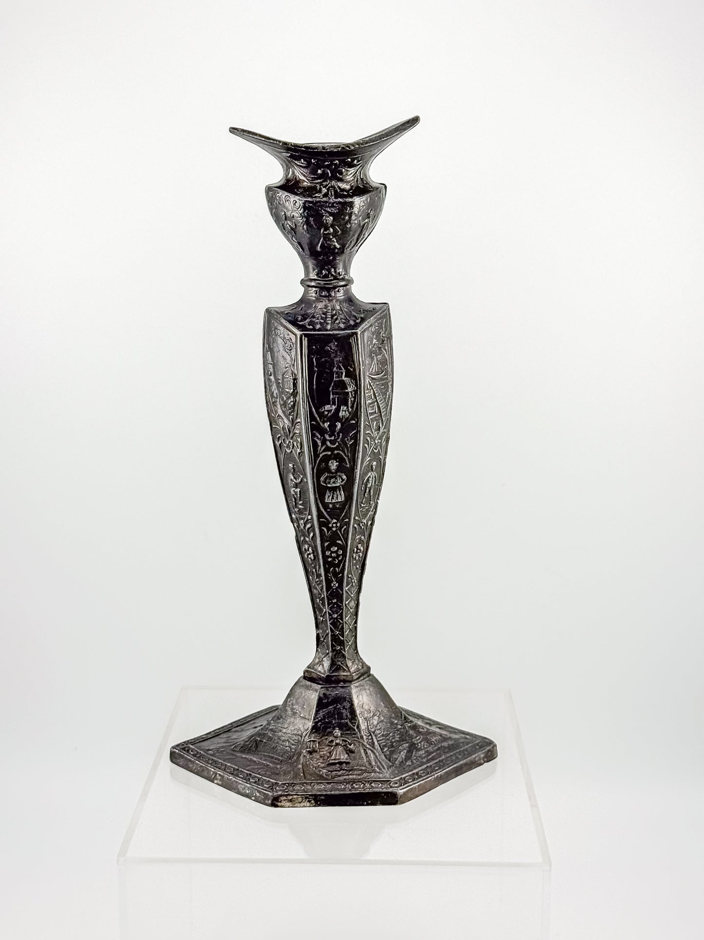 Antique Dutch Storyteller Candlestick with Figural Relief Panels and Fine Dutch Finish, Early 1900s