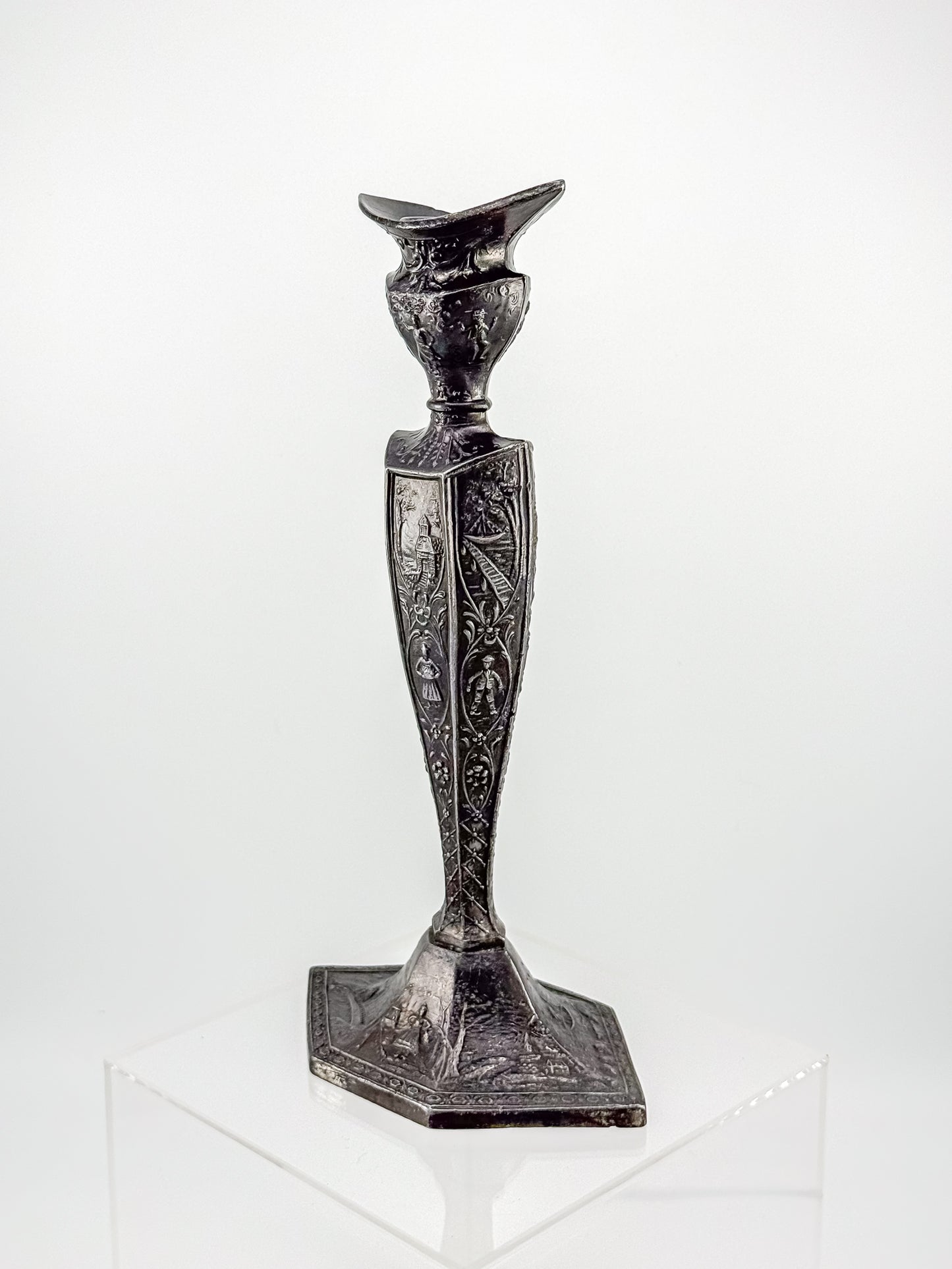 Antique Dutch Storyteller Candlestick with Figural Relief Panels and Fine Dutch Finish, Early 1900s