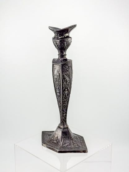 Antique Dutch Storyteller Candlestick with Figural Relief Panels and Fine Dutch Finish, Early 1900s