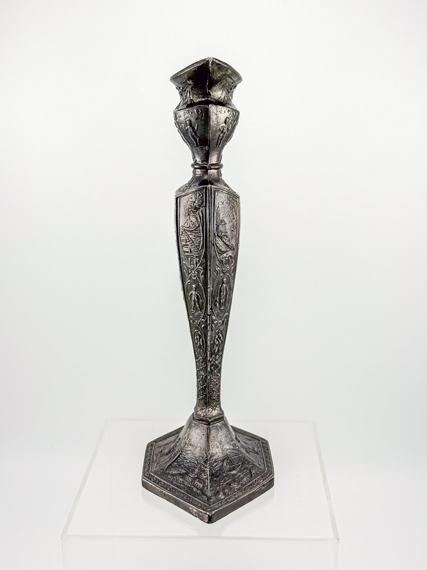 Antique Dutch Storyteller Candlestick with Figural Relief Panels and Fine Dutch Finish, Early 1900s