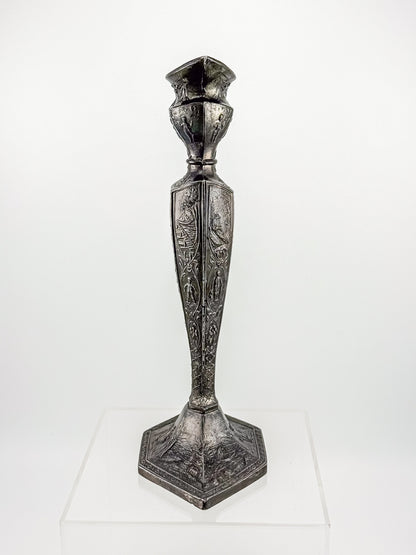 Antique Dutch Storyteller Candlestick with Figural Relief Panels and Fine Dutch Finish, Early 1900s