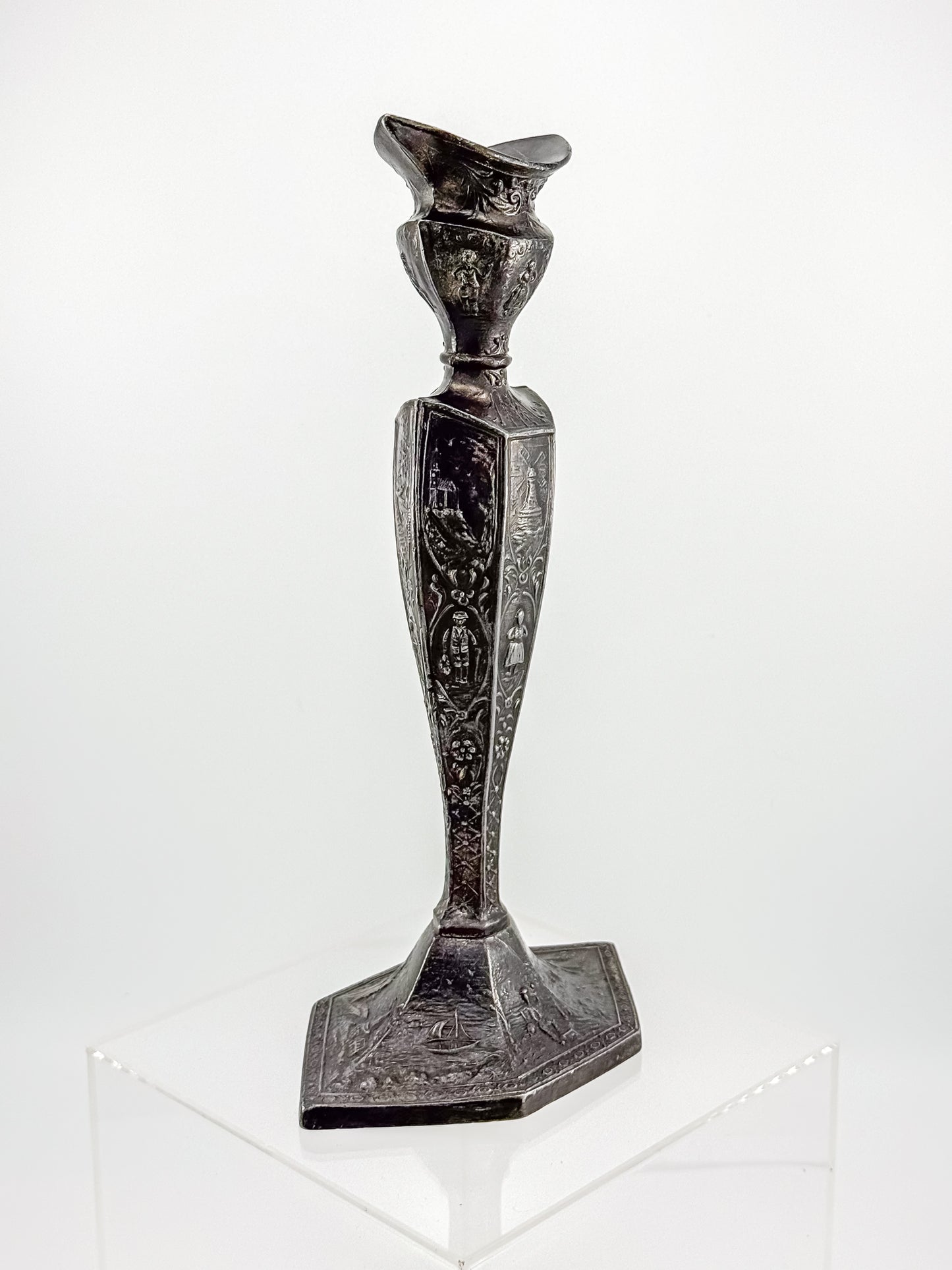 Antique Dutch Storyteller Candlestick with Figural Relief Panels and Fine Dutch Finish, Early 1900s