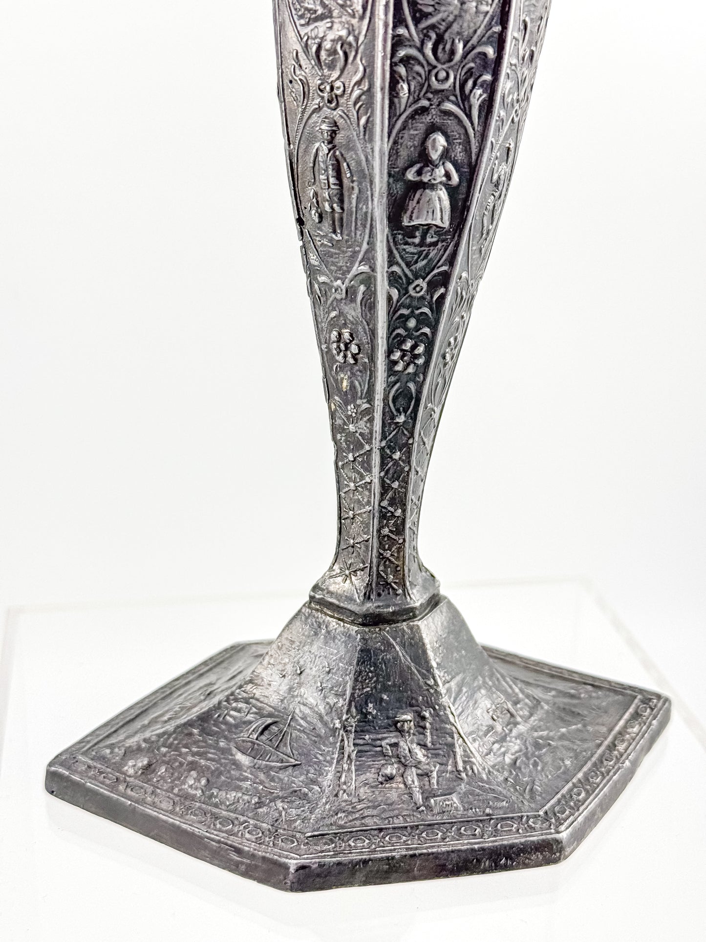 Antique Dutch Storyteller Candlestick with Figural Relief Panels and Fine Dutch Finish, Early 1900s