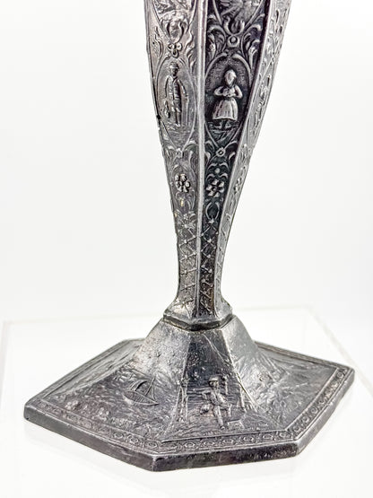 Antique Dutch Storyteller Candlestick with Figural Relief Panels and Fine Dutch Finish, Early 1900s