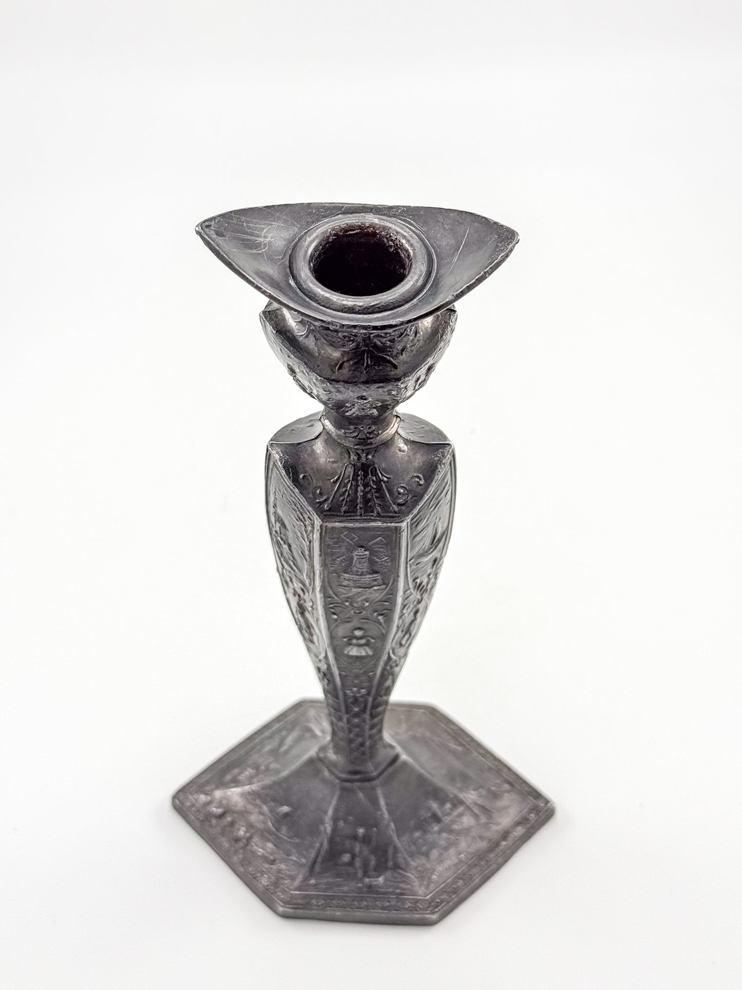 Antique Dutch Storyteller Candlestick with Figural Relief Panels and Fine Dutch Finish, Early 1900s