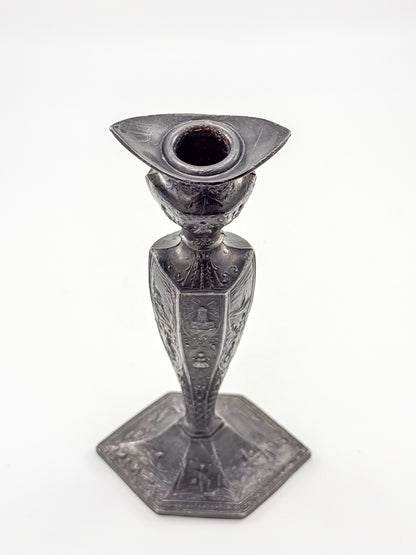 Antique Dutch Storyteller Candlestick with Figural Relief Panels and Fine Dutch Finish, Early 1900s