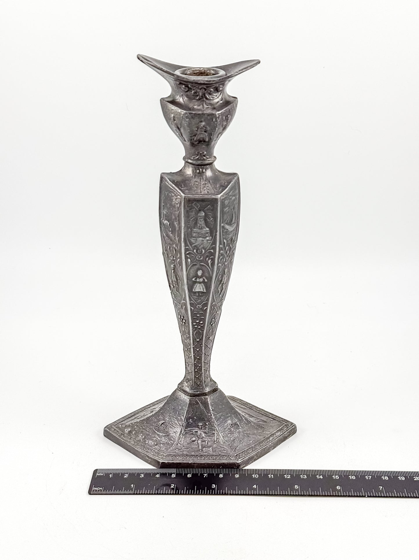 Antique Dutch Storyteller Candlestick with Figural Relief Panels and Fine Dutch Finish, Early 1900s