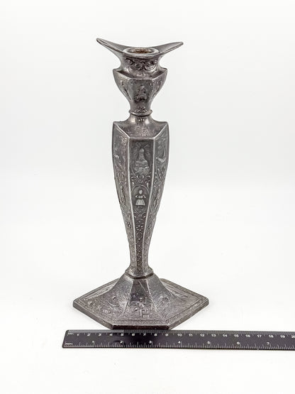 Antique Dutch Storyteller Candlestick with Figural Relief Panels and Fine Dutch Finish, Early 1900s