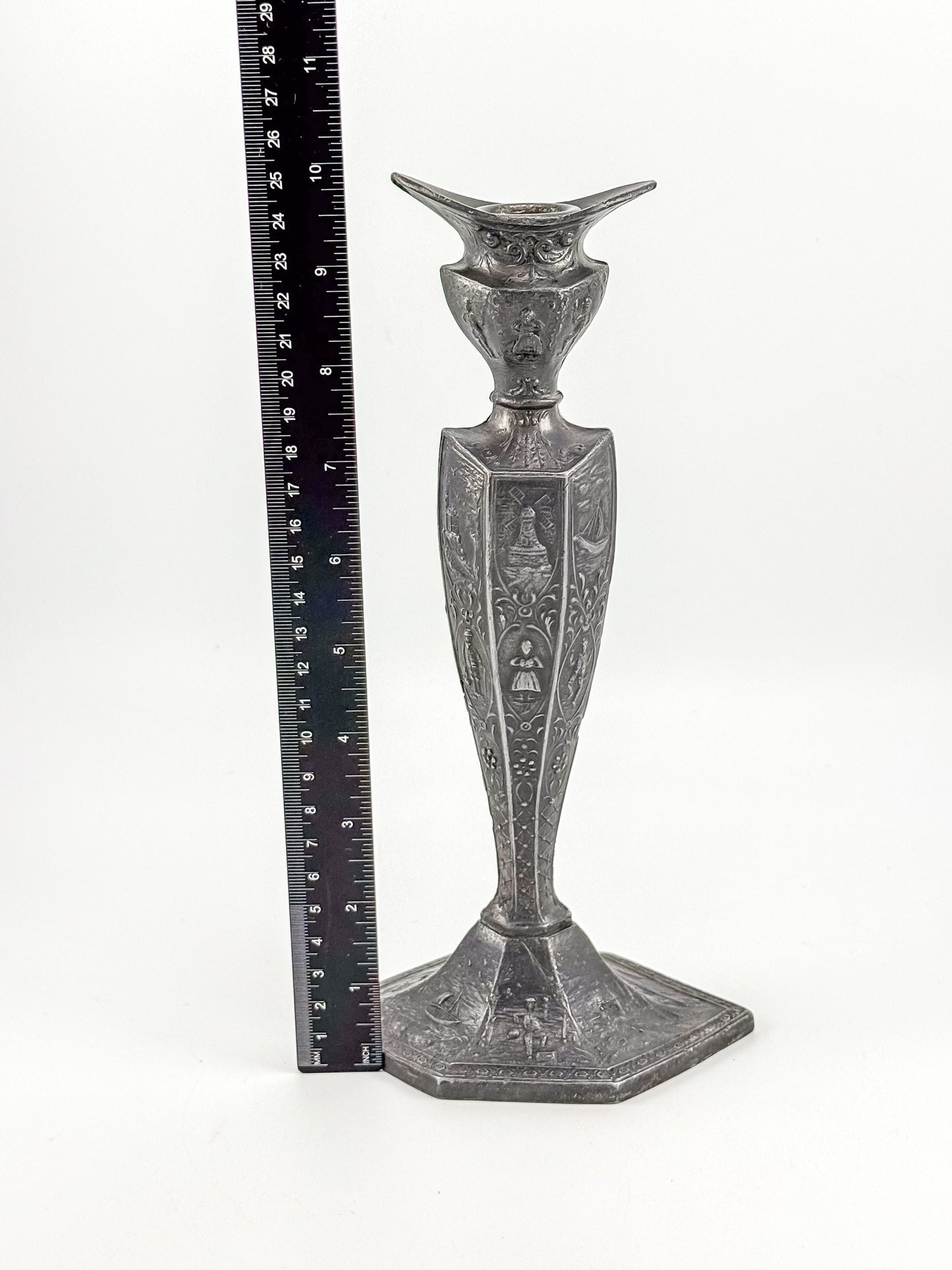 Antique Dutch Storyteller Candlestick with Figural Relief Panels and Fine Dutch Finish, Early 1900s