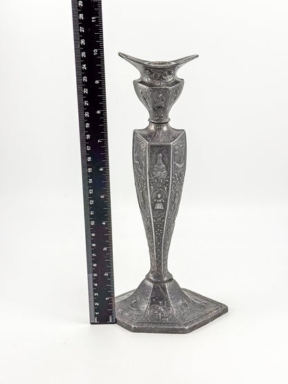Antique Dutch Storyteller Candlestick with Figural Relief Panels and Fine Dutch Finish, Early 1900s