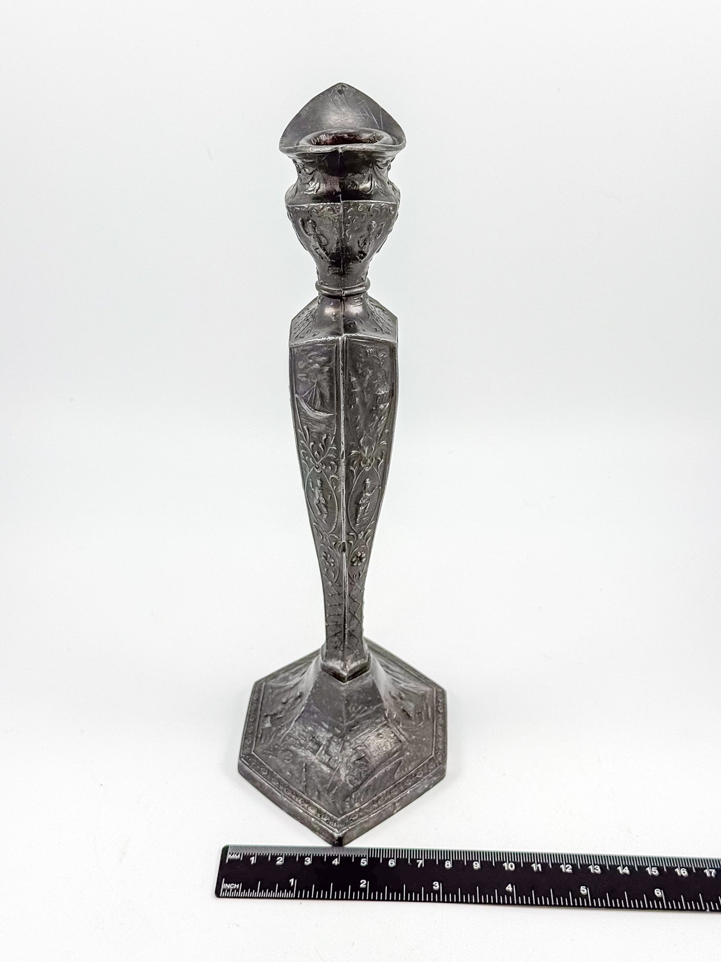 Antique Dutch Storyteller Candlestick with Figural Relief Panels and Fine Dutch Finish, Early 1900s