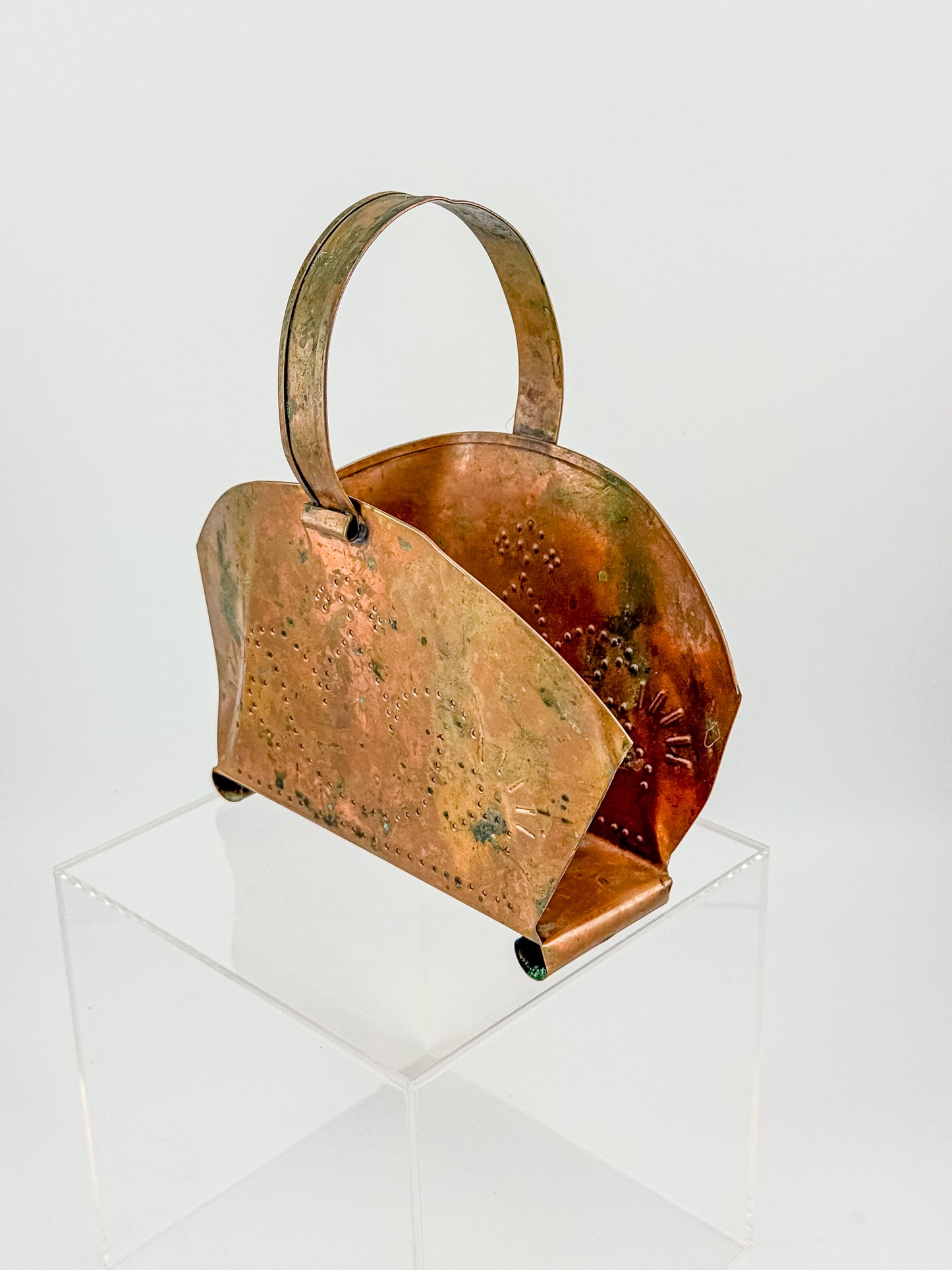 Village by Pfaltzgraff Hammered Copper Napkin or Letter Holder with Punched Dot Motifs, Arched Handle