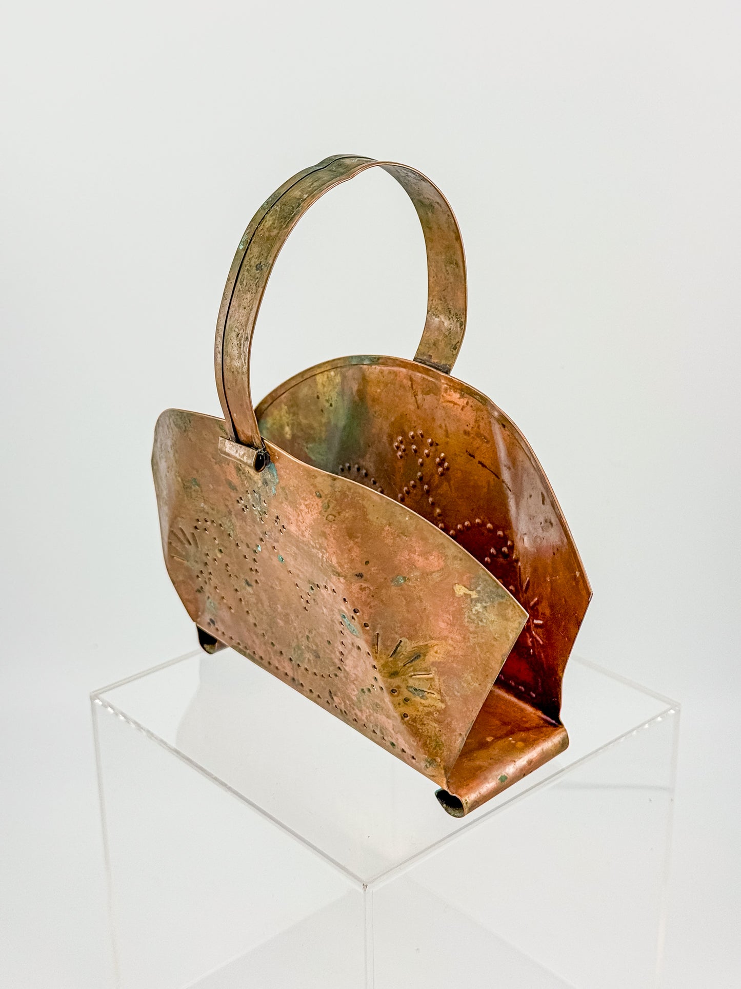 Village by Pfaltzgraff Hammered Copper Napkin or Letter Holder with Punched Dot Motifs, Arched Handle