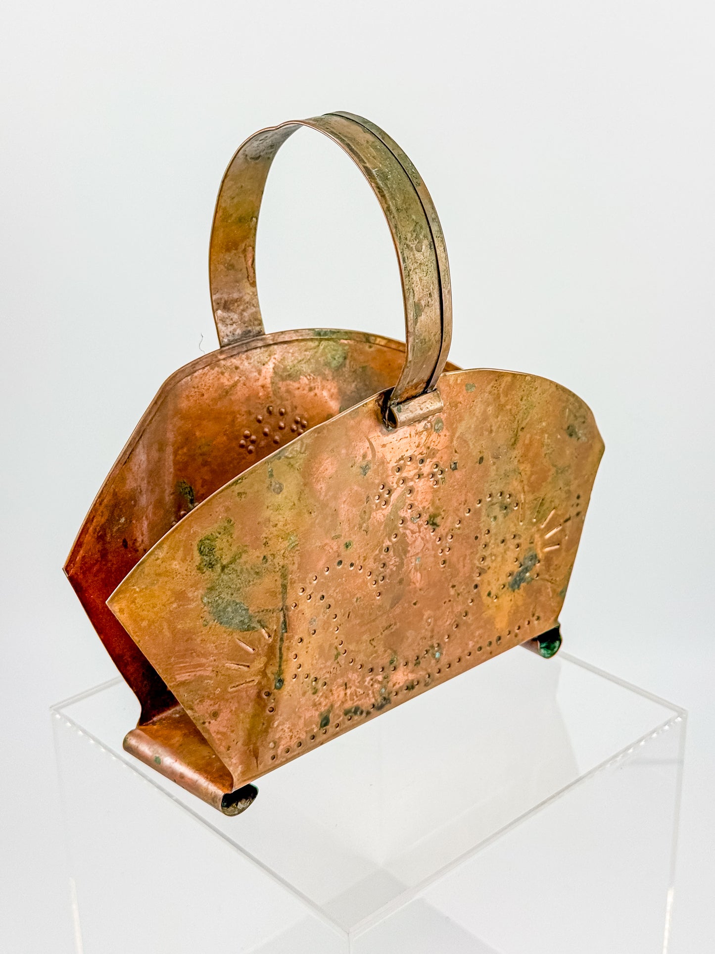 Village by Pfaltzgraff Hammered Copper Napkin or Letter Holder with Punched Dot Motifs, Arched Handle
