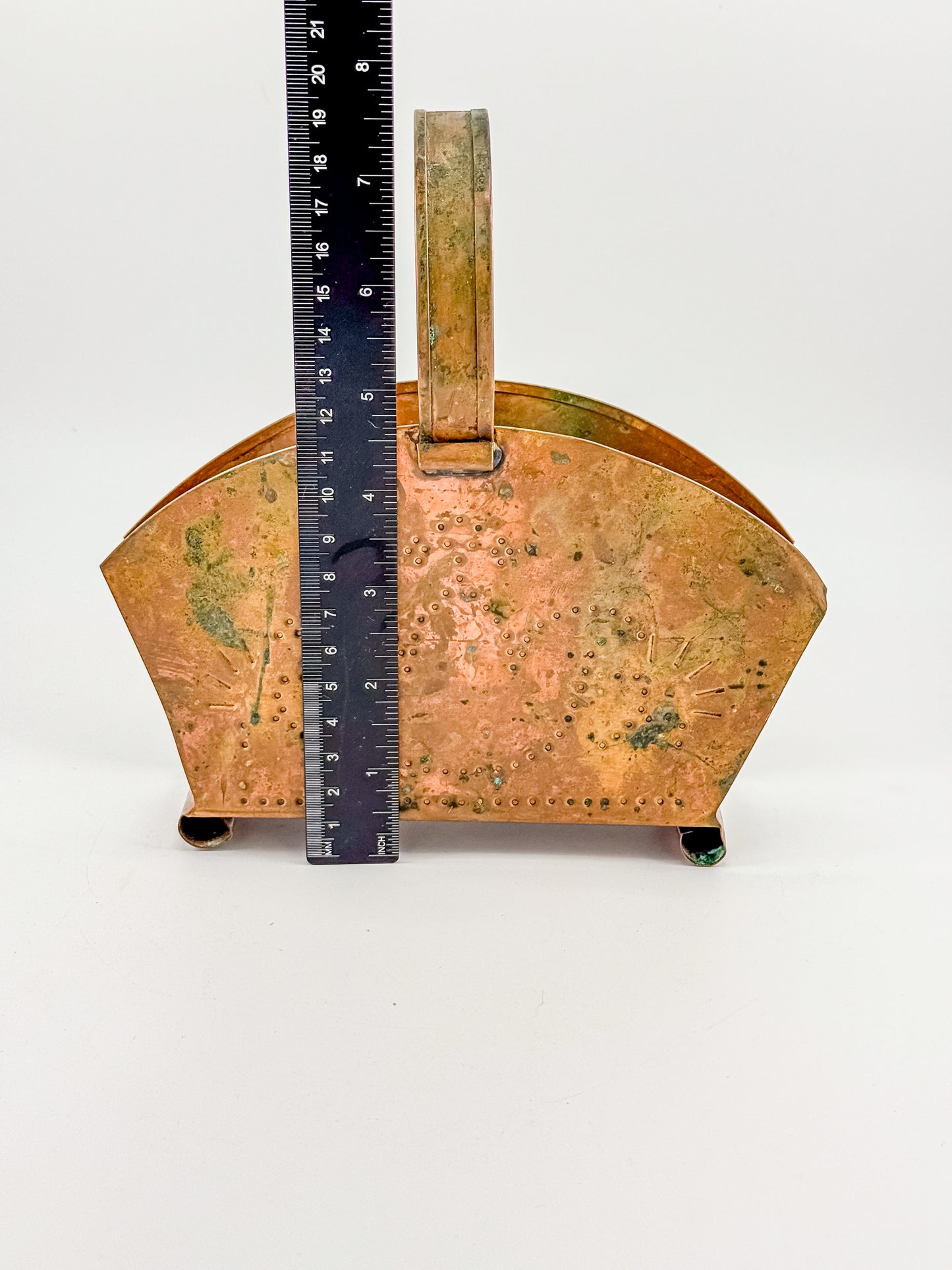 Village by Pfaltzgraff Hammered Copper Napkin or Letter Holder with Punched Dot Motifs, Arched Handle