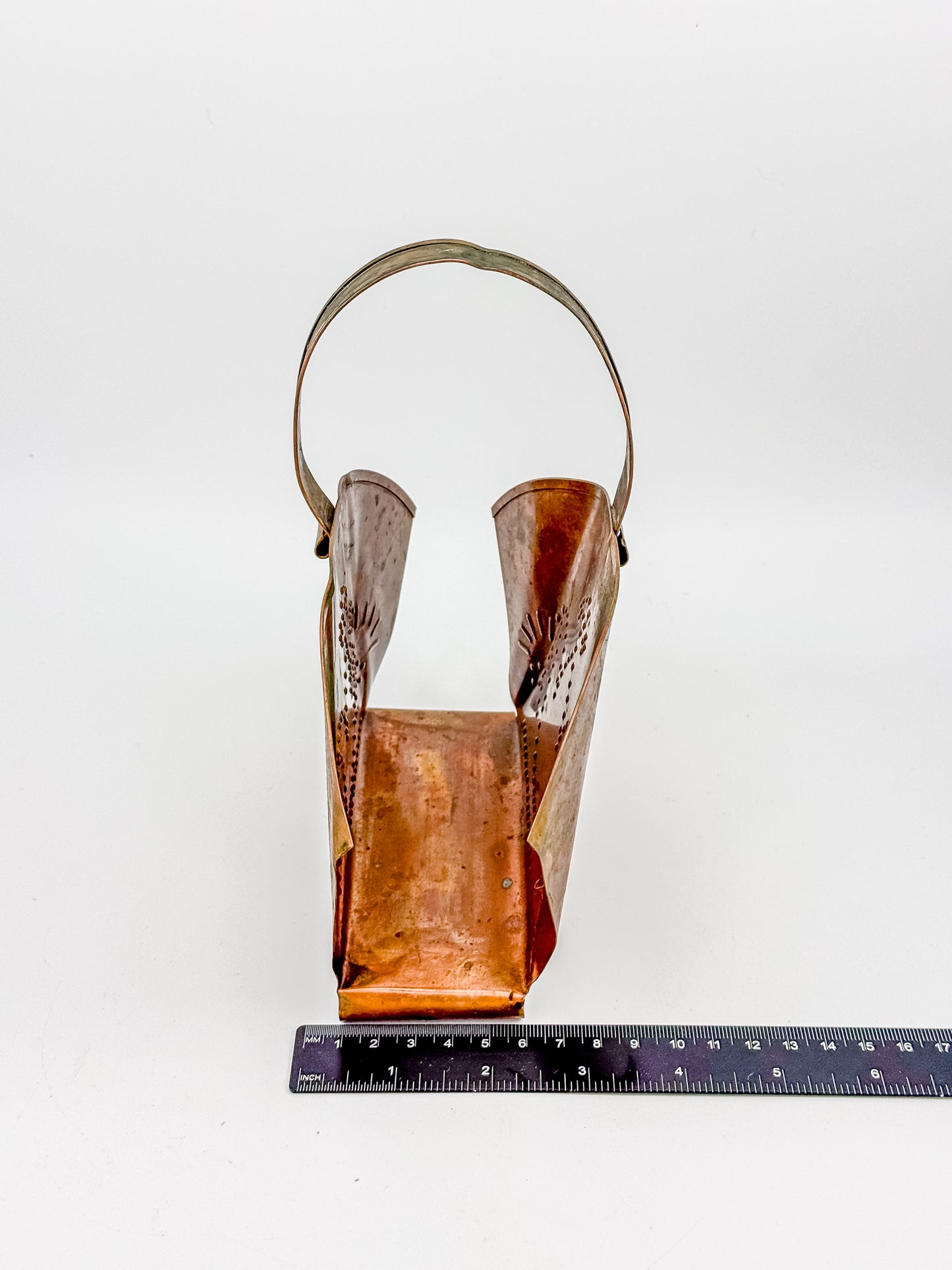 Village by Pfaltzgraff Hammered Copper Napkin or Letter Holder with Punched Dot Motifs, Arched Handle